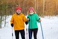 Elderly couple walking with nordic walking poles in snowy winter park Royalty Free Stock Photo