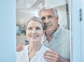 Senior couple, retirement future and window vision for thinking, love and care in Australia home. Happy, elderly and old Royalty Free Stock Photo