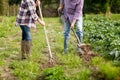 Senior couple with shovels at garden or farm