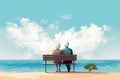 senior couple sit o a bench peaceful on sea view AI generated Royalty Free Stock Photo
