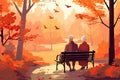senior couple sitting on bench in park in autumn