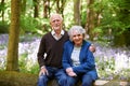 Senior Couple Sitting On Log In Bluebell Woods Royalty Free Stock Photo