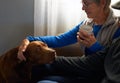 Senior Couple Sitting On Sofa At Home Stroking Pet Dog Royalty Free Stock Photo