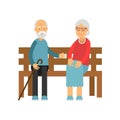 Senior couple sitting on the wooden bench, pensioner people leisure and activity vector Illustration