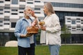 Senior couple standing on a grass in summer with straw basket and flowers Royalty Free Stock Photo