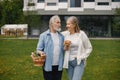 Senior couple standing on a grass in summer with straw basket and flowers Royalty Free Stock Photo