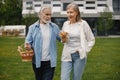 Senior couple standing on a grass in summer with straw basket and flowers Royalty Free Stock Photo