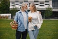 Senior couple standing on a grass in summer with straw basket and flowers Royalty Free Stock Photo