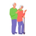 Senior couple standing hugging, flat vector illustration isolated on white