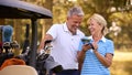 Senior Couple Standing Next To Buggy On Golf Course Marking Score Card Together Royalty Free Stock Photo