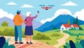 A senior couple strolled through the countryside capturing stunning aerial shots of the picturesque landscape with their Royalty Free Stock Photo