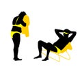 Senior couple sunbathing beach enjoy vector silhouette illustration. Mature woman dries with towel after swimming