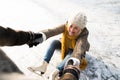 Senior couple in sunny winter nature ice skating. Royalty Free Stock Photo