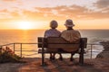 Senior couple sunset bench. Generate Ai