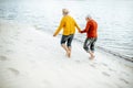 Senior couple in sweaters on the seashore Royalty Free Stock Photo