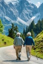 A senior couple taking a brisk walk in a scenic location.