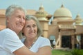 Senior couple at tropic hotel garden Royalty Free Stock Photo