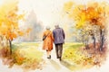 senior couple walk in autumn forest AI generated