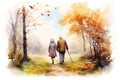 senior couple walk in autumn forest AI generated