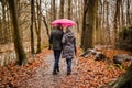 Senior couple walking in autumn forest with pink umbrella