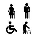 Senior couple with walking cane. Senior men and women. Person with disabilities and physical injury symbols. Wheelchair sign.