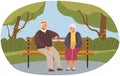 Senior couple walking in city park and sitting on bench. Elderly people in love outdoor recreation Royalty Free Stock Photo