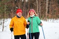 Senior couple walking with nordic walking poles in snowy winter park Royalty Free Stock Photo