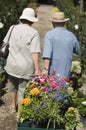 Senior Couple walking in plant nursery pulling cart of flowers back view Royalty Free Stock Photo