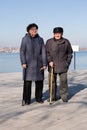 Senior couple walking on a promenade on a winter day