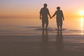 Senior couple walking at sunset