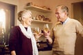 Senior couple, Wine and cheers in the kitchen to celebrate anniversary, dinner or lunch at home. Happy, smile and Royalty Free Stock Photo