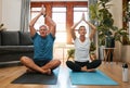 Senior couple, yoga meditation and namaste praying for zen health, spiritual training and living room home workout. Calm Royalty Free Stock Photo