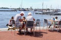 Senior couple young people terrace lake, Loosdrecht, Netherlands Royalty Free Stock Photo