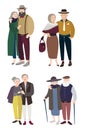 Senior couples in love. Relationships with aged man and woman. Colorful flat illustration.