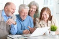 Senior couples reading newspaper Royalty Free Stock Photo