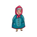 Senior cute old woman in blue coat with hands in pocket
