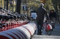 Senior cyclist picking a bicycle in Barcelona