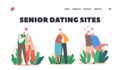 Senior Dating Sites Landing Page Template. Loving Couples Hug, Happy Old Men or Women Embracing, Holding Hands, Hugging