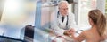 Senior doctor giving encouragement to his female patient by holding her hand multiple exposure