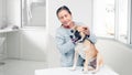Senior and dog in a clinic, tacking care of pet concept, white background copy space