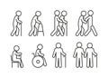 Senior elder people line icon set. Old persons with stick and handicap. Linear symbol. Disabled care, help volunteer