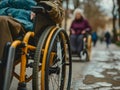 Senior or elderly old lady woman patient on wheelchair at street healthy strong medical concept. AI generated