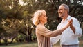 Senior elegant caucasian couple dancing looking at each other feeling love and cherish on their anniversary in the park with copy Royalty Free Stock Photo
