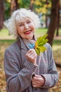 Senior elegant stylish fashionable woman in coat outdoor in autumn park. Royalty Free Stock Photo