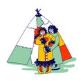 Senior Eskimos Family Characters in Traditional Warm Clothing Stand front their Yurt. Inuit Minorities Esquimau