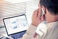 Senior executive manager analysing a financial report on computer in office and calling on the phone, working with operations data