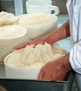 senior expert cheesemaker checks he wheel of cheese just made in