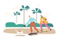 Senior Family Characters Skateboard Summertime Activity. Old Man, Woman and Dog Healthy Active Lifestyle, Vacation Relax Royalty Free Stock Photo