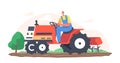 Senior Farmer in Cap and Overalls Work on Tractor Plow the Land on Farm. Worker Male Character Agricultural Worker Royalty Free Stock Photo