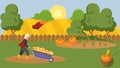 Senior farmer earning money, wheelbarrow full of golden coins, vector illustration Royalty Free Stock Photo